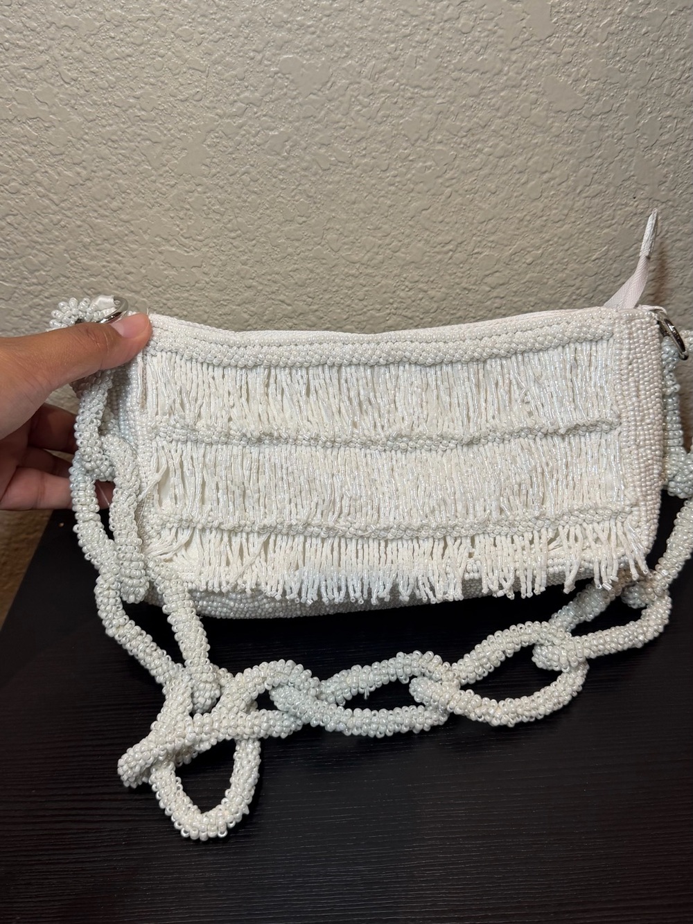 Beaded Fringe White Shoulder Bag - Elegant Women’s Evening Bag